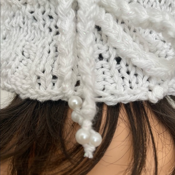Hand Knits 2 Love White Cotton Brim Hat Cap Lace Pearls White Designer Lace Chic - Picture 7 of 9